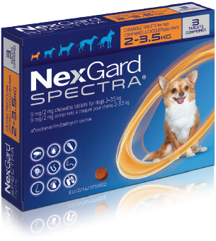 NexGard Spectra XS (預防跳蚤、牛蜱、心絲蟲、腸道寄生蟲) (2公斤至3.5公斤的狗) (每盒三粒)