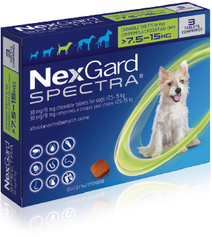 NexGard Spectra M(預防跳蚤、牛蜱、心絲蟲、腸道寄生蟲)(7.5公斤至15公斤的狗) (每盒三粒)