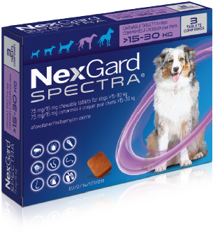 NexGard Spectra L(預防跳蚤、牛蜱、心絲蟲、腸道寄生蟲)(15公斤至30公斤的狗) (每盒三粒)