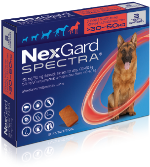 NexGard Spectra XL(預防跳蚤、牛蜱、心絲蟲、腸道寄生蟲)(30公斤至60公斤的狗) (每盒三粒) 暫時沒有現貨,只供預訂}